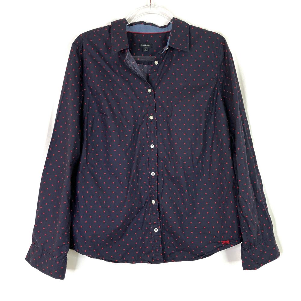 Talbots Navy Red Polka Dot 100% Cotton Long Sleeve Button Up Shirt Womens 14